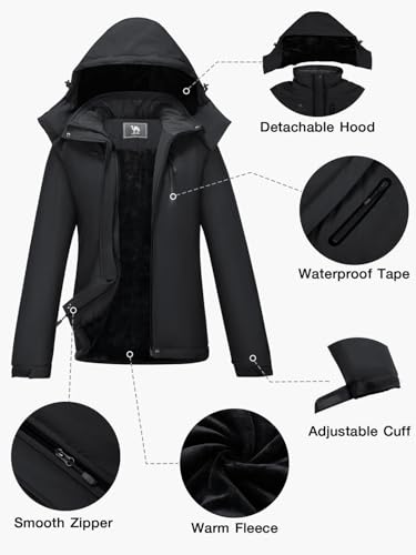 CAMEL CROWN Damen Warm Winter Skijacken Wasserdicht Schneemantel mit Kapuze Berg Winddicht Regenjacke, Black, Small