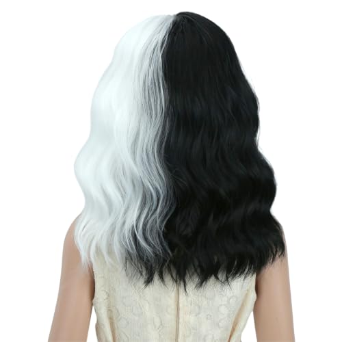 Image of PATTNIUM Kids Black White Wig Shoulder Length Girls Black White Wigs Synthetic Hair Cosplay Costume Two Tone Wigs (Black and White)