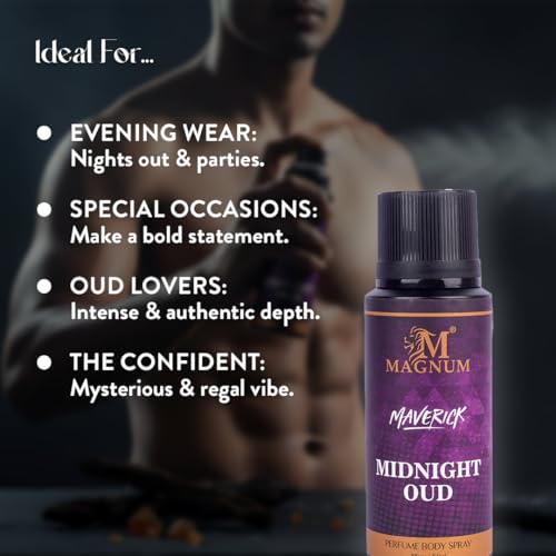 Image of Magnum Maverick Midnight Oud Perfume Body Spray for Men - Exotic Oud, Rose & Saffron Scent for Date Night | Seductive Long-Lasting Arabic Fragrance | 150ml