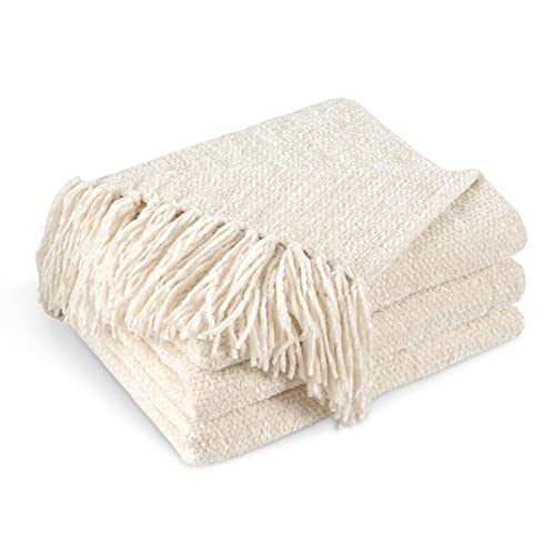 Cozecube Chenille Throw Blanket For Couch, Cozy Soft Throw Blanket With Fringe Tassel, Cream White Throw Blanket For Sofa Chair Gift,Decorative Farmhouse Throw Blanket For Traveling 50"X60" #TOP7