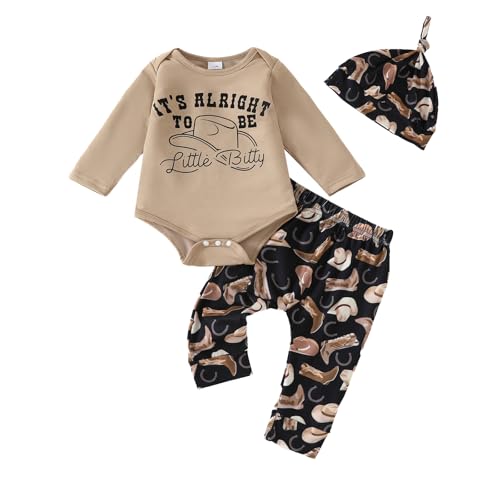 Image of Newborn Baby Boy Western Clothes It's Alright To Be Little Bitty Romper Cowboy Hat Pants Set Infant Country Outfit