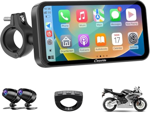 Carpuride Motorcycle GPS Carplay Screen, 6.3 Inch Wireless CarPlay and Android Car for Moto, with Dual Cameras and TPMS, Remote Control, IP67 Waterproof, BT Aduio, Loop Recording