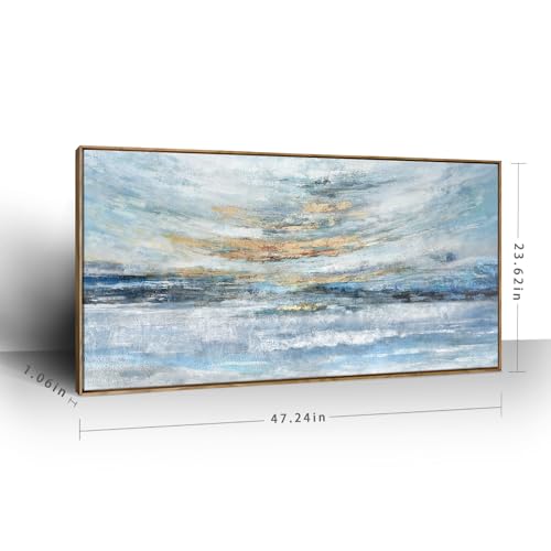 Nicetop Large Wall Art Canvas for Living Room, Framed Abstract Coastal Painting - 48x24 Inch Modern Light Blue and Gold Sunset Print, Ready to Hang Décor for Bedroom, Office, Bathroom, Dining Room Wall by Nicetop - Used condition - Image 3