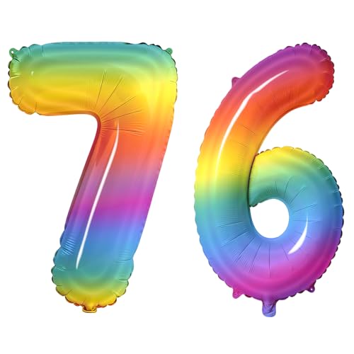 Number 76 Balloons for 76th Birthday Party Decorations, 0-100 Large No.76 Balloons for Women Men and Grandpa Grandma, 40 Inch Rainbow Foil Helium Balloon for 76 Year Old Anniversary Decorations