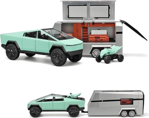 Image of Tesla CyberTruck with Pick-Up Trailer with 6 Openable Doors Pull Back Action,Lights & Music Truck Toys Alloy Diecast Truck Toy Best Gift for Kids (Multicolor)(Tesla Pick-Up Trailer)