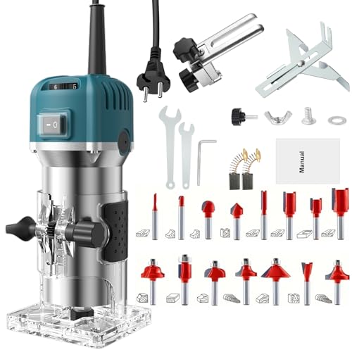 Candeon Fresadora Para Madera Compacta, 6,35 Mm Fresadora De Cantos De Mano Portátil, 800W 28000Rpm Fresadoras Eléctrica Para Madera Enrutador De Palma Eléctrico Con 15 Fresas