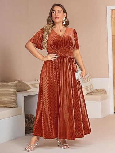 Image of Simplee Women's V Neck Velvet Maxi Dress Short Sleeve Empire Waist Long Formal Dress for Wedding Guest