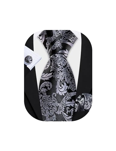 Image of Barry.Wang Men Tie Set Floral Paisley Silk Necktie Pocket Square Cufflinks Formal Wedding Party Business