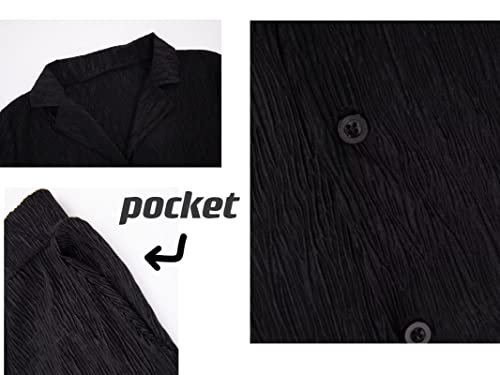 Ekaliy Women's 2 Piece Casual Pleated Outfits Short Sleeve Button Down Shirt High Waist Wide Leg Trouser Sets Suit4