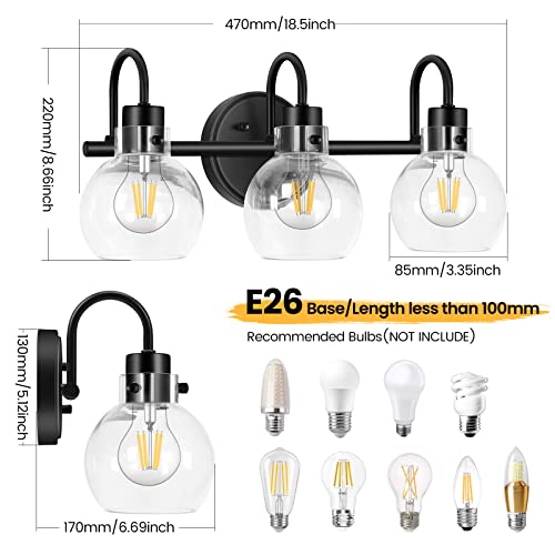 Image of Bathroom Light Fixtures, Black 3 Lights Vanity Light, Farmhouse Wall Sconces with Globe Glass Shade, Porch Wall Mount Lamp for Mirror, Kitchen, Porch Living Room Workshop (E26 Base)