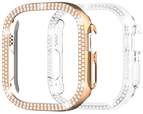 Image of AMiRiTE ADS144 Bling Diamond Rhinestone Ony Bumper Watch Case Cover Without Glass Compatible with Apple iWatch Series 49mm Ultra /Ultra 2 (49MM [ Bling CASE Combo Pack of 2 ], Rose Gold & Transparent)