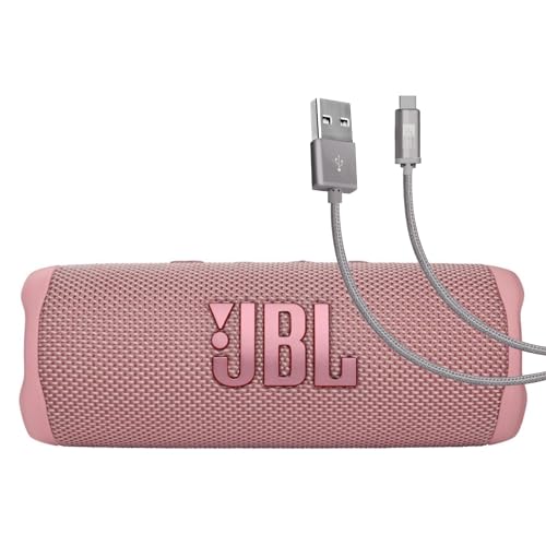 JBL Flip 6 (Pink) + Bundle with Case Logic Braided USB Type-C Charge & Sync (6 ft, Gray)
