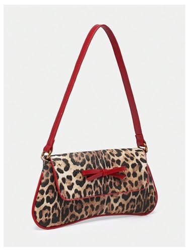 Women's Leopard Print Bow Shoulder Bag Flap Leather Purse Y2k Elegant Underarm Bag2