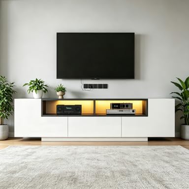 Yihomfy Meuble TV Blanc Laqué avec, Meuble TV LED 16 Couleurs, 1Tiroirs, 2 Placards, pour Téléviseur Jusqu'à 75 Pouces, Meuble Tele Adapté Aux Salons et...