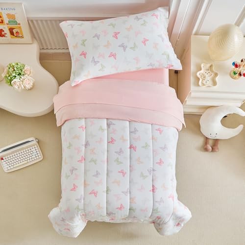 Image of Joyreap 4 Piece Toddler Bedding Set- Pink n Purple Butterflies Design, Microfiber Toddler Bedding Comforter Set for Girls