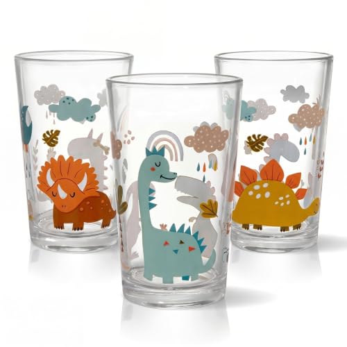 HOMELYN Kindergläser aus Glas 3er Set mit Dino Motiven 200 ml Trinkgläser Kinder Spülmaschinenfeste Kindergläser Kinder Gläser Set aus Glas Trinkglas Kinder Geschenkidee