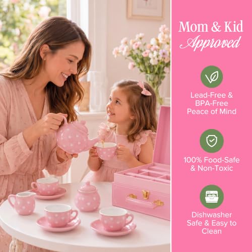 Image of Giggle & Honey Pink Heart Tea Party Set for Little Girls, Porcelain Kids Tea Set with Carry Case, Teapot Cups & Saucers, Princess Pretend Play Gifts for Girls 3, 4, 5, 6, 7, 8 Years