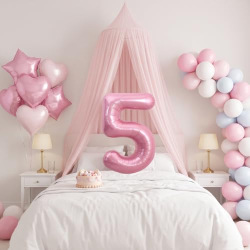 Image of TONIFUL 5th Birthday Balloons Kit 40 Inch Pink Large Number 5 Foil Balloon | with 18 Inch Helium Foil Star Shaped Balloons for Girls Women Birthday Anniversary Graduation New Year Eve Party Decoration