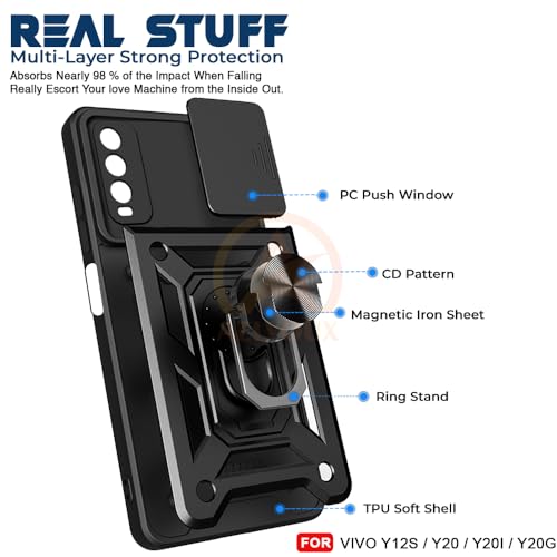 Image of Armor Bumper Back Cover Case for Vivo Y12s / Y20 / Y20i / Y20G | Rotating Camera Cover, Ring Holder & Kickstand | Heavy Duty & 360 Degree Protection Back Cover (Black)