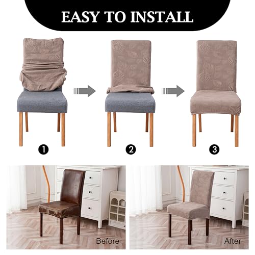 Image of Genina Waterproof Dining Chair Cover Set of 6,Large Chair Slipcover,Taupe | Stretch Dining Room Chair Slipcovers with Leaf Jacquard,Removable Kitchen Chair Protector for Home,Restaurant,Banquet