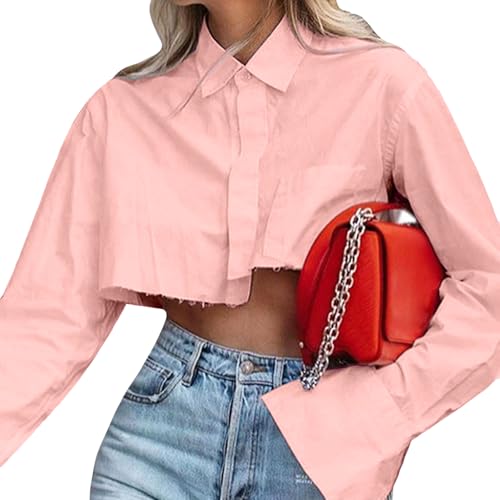 Asymmetrical Button Up Tops for Women Casual Long Sleeve Collared Shirts Top Pink XL
