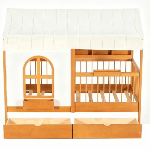 Image of House Bed with Tent and Bookshelf, 2 Drawers, USB Charging
