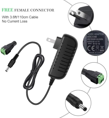Image of 12V Power Supply, 12 Volt 1A 12W DC Power Supply, Black LED Power Adapter, AC 110V to 12V Wall Mounted Transformer Plug for LED Strip Lights with 5.5 /2.1 DC Female Connector, 3 Pack