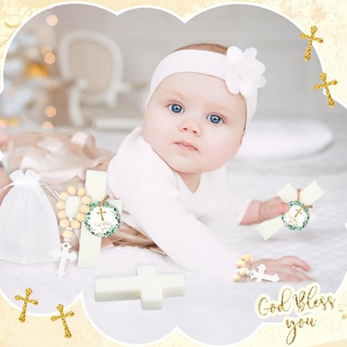 Image of 96 Pcs Cross Soap Baptism Favors Set Include 24 Scented Soap Favors 24 Wooden Rosary 24 Bags and 24 Cards Baby Baptism Favor for Baby Shower Christening Favors Guests First Communion Gifts