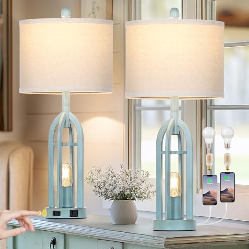 27" Farmhouse Table Lamps for Living Room,Blue Vintage Lamps Set