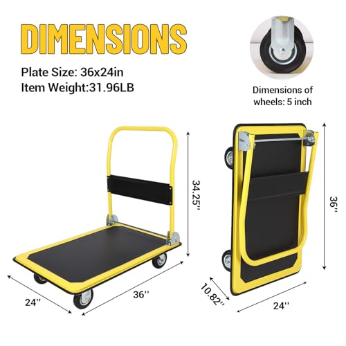 Image of Foldable Platform Truck 1100 Lbs Capacity Steel Flat Push Dolly with 5 inch Wheels 36 inch x 24 inch Heavy Duty Flatbed Hand Cart for Home Garden Office Warehouse Loading and Moving