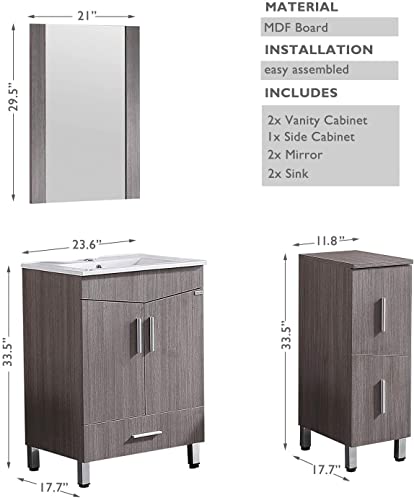 Walsport 36” Bathroom Vanity With Vessel Sink Combo Modern Wood Bathroom Cabinet & Undermount Ceramic Basin & Side Storage Cabinet Set With Mirror Include Chrome Faucet Pop Up Drain P-Trap Water Pipe #TOP3