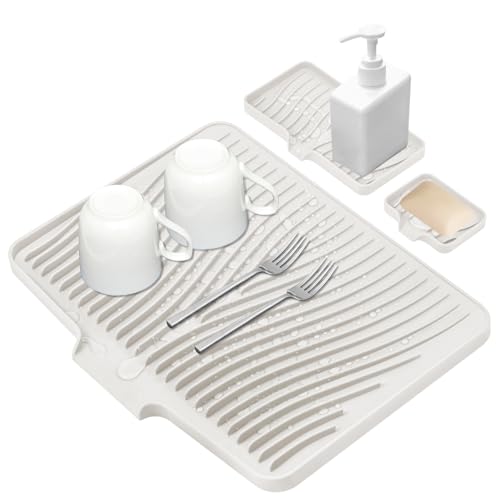 Silicone Dish Drying Mat for Kitchen Counter, Dish Drying Pad, Non-Slip Drain Pad with Built-in Drain, Heat Resistant Stone Drying Mat, 1 set XL(Beige)