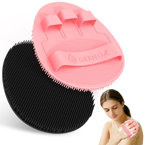 GEENOA Upgrade Silicone Body Scrubber with Straps, 360° Anti-Slip & Enlarged Exfoliating Shower Scrubber for Rich Foaming Deep Cleaning, No-Grip & Hand-fit Bath Glove for All Skin Types(Black+Pink) 2PCS