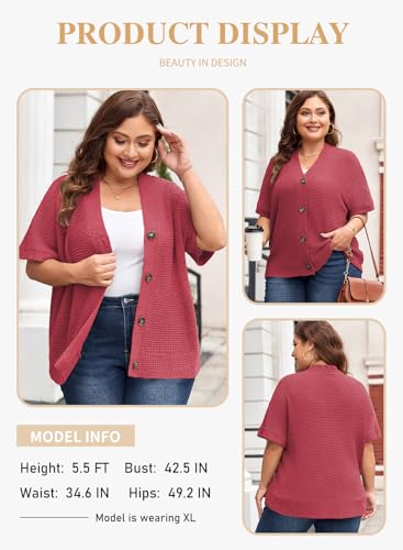 Image of Eytino Womens Plus Size Tops Casual V Neck Short Sleeve Waffle Knit Button Down Shirts(1X-5X)