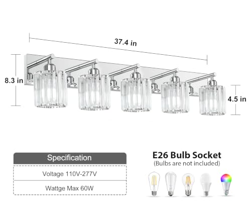 Image of Brushed Chrome Crystal Bathroom Vanity Light, 5-Light Modern Bathroom Lighting Fixtures Over Mirror,Chrome Wall Sconce Light Fixtures with Round Shade