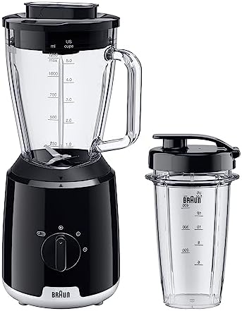 Braun PowerBlend 1 - Standmixer 2 Stufen 1,5L Glaskrug TriAction Schwarz | Elektrischer Standmixer, Kompakt, SmoothCrush Klingensystem, Ice-Crush-Funktion, Trinkflasche, 3-Wege-Sch