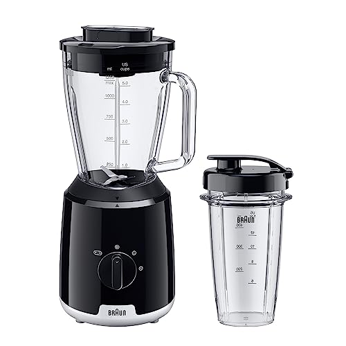 Braun PowerBlend 1 JB1051BK Blender stołowy ze szklanką Smoothie2Go, blender z trójkątnym szklanym dzbankiem, 2 prędkości, funkcja rozdrabniania lodu, 600 W, czarny