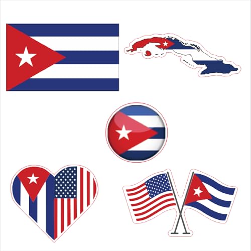 Image of Set of 5 National Flag Themed Sticker Decal of Flag, Country Map, Circular Shape, Heart Shape and with USA Flag for Car, Phone, Laptop, Mug, Bottle, Textbooks (Cuba)