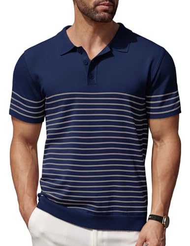 COOFANDY Polo de Manga Corta para Hombre de Punto a Rayas con Botones Polo Camisas de Golf