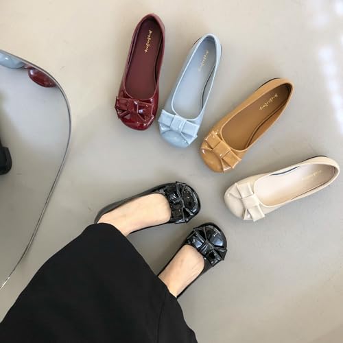 ZQW Ballet Flats Round Toe Patent Leather Bow Slip On Dress Shoes Women Office Work Casual Daily Wear Comfy Comfortable Professional4