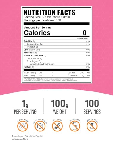 Image of BulkSupplements.com Aspartame Powder - Aspartame Sweetener, Sugar Substitute for Baking, Sugar Alternative - Pure & Gluten Free, 1g per Serving, 100g (3.5 oz) (Pack of 1)