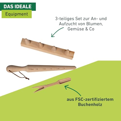 Windhager Anzuchtswerkzeug Set 3-teilig, Pflanzset für Blumenzwiebel, Samenpflanzset, Pflanzwerkzeug für Gartenbeete und Hochbeete, inklusive Pflanzholz, Pikierleiste und Pikiergabel, Buchenholz