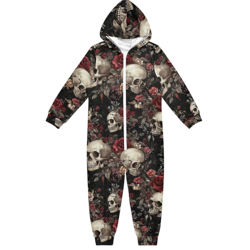 CHIFIGNO Mameluco unisex vintage de calaveras rojas para niños, disfraz de cosplay de Halloween, overol suave de una pieza, ropa para el hogar, niños, niñas, 13-14 años