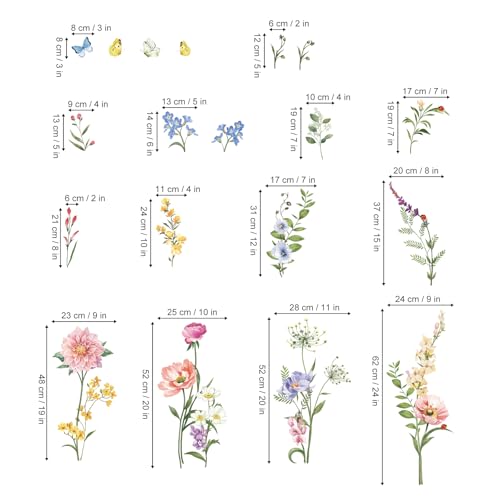 wondever Garden Flower Wall Stickers Poppy Peony Pink Floral Butterflies Peel and Stick Wall Art Decals for Living Room Bedroom TV Background