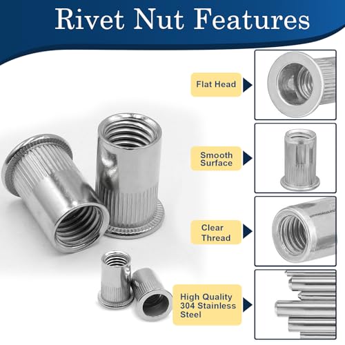 Image of 8-32 UNC Rivet Nut, 100Pcs 304 Stainless Steel Flat Head Rivnut Threaded Insert Nutsert