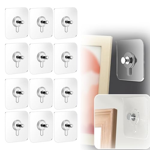 Image of Drill Free Adhesive Hooks,Picture Hangers Without Nails,Adhesive Wall Mount Screw Hooks for Hanging,Nail Free Wall Hangers for Kitchen,Bathroom (Transparent / 12PCS, 2.36 * 3.93 inch)