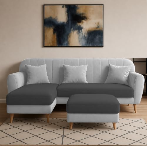 Image of Atticus LHS 4 Seater L Shape Sofa Set with Ottoman for Living Room (Black Grey Fabric) Premium Fabric Sofa Set
