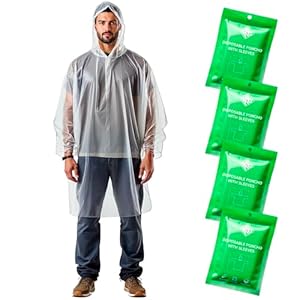 ZENO Disposable Rain Ponchos for Adults – Clear Ponchos with Sleeves & Hood, Compact and Clear, Emergency Poncho – Rain Poncho – Ponchos Adult – Travel Rain Poncho Hiking, Camping – (Pack of 4)
