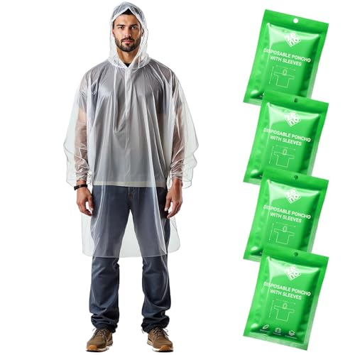 ZENO Disposable Rain Ponchos for Adults - Clear Ponchos with Sleeves & Hood, Compact and Clear, Emergency Poncho - Rain Poncho - Ponchos Adult - Travel Rain Poncho Hiking, Camping - (Pack of 4)