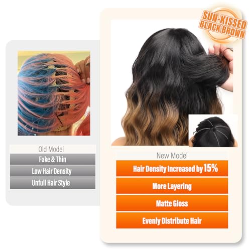 nnzes short wavy wig with bangs for women shoulder length bob curly women39s charming synthetic wigs with natural wavy black to brown heat resistant hair for daily party use